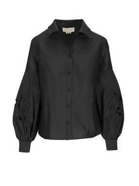 Sachin + Babi Astor Top Black Button-Down Blouse with Embroidered Balloon Sleeve